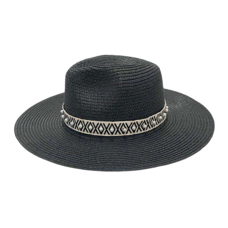 Pearl Embellished Aztec Band Panama Sun Hat